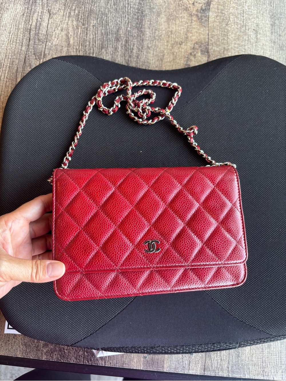 CHANEL Red Quilted Caviar Leather Crossbody Bag with Chain Strap